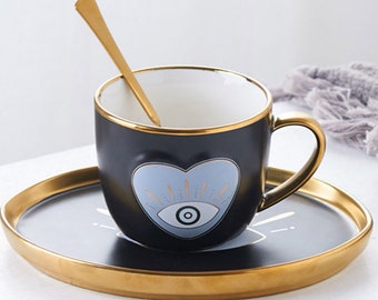 Evil Eye Herz Keramik Tee Becher Tasse und Untertasse Set