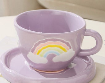 Regenbogen Keramik Becher Tasse und Untertasse Set