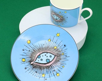 Blau Evil Eye Keramik Tee Becher Tasse und Untertasse Set
