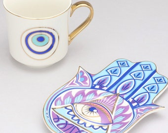 Evil Eye Hamsa Hand Ceramic Tea Cup and Saucer Set