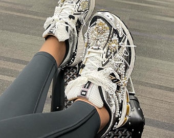 Women’s custom New Balance and ASICS custom sneakers with bling and pearls