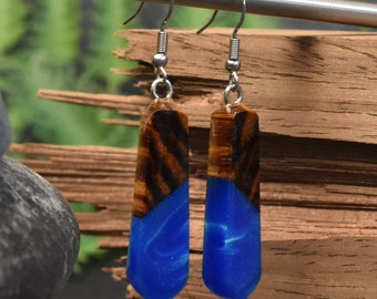 Zebra Wood Earrings with Metallic Blue Epoxy