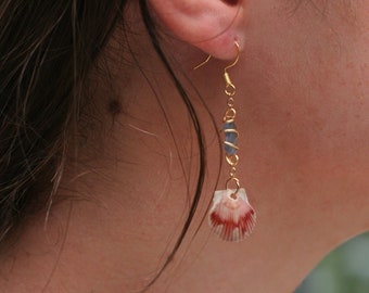 Calico Seashell and Sea Glass wire wrapped earrings