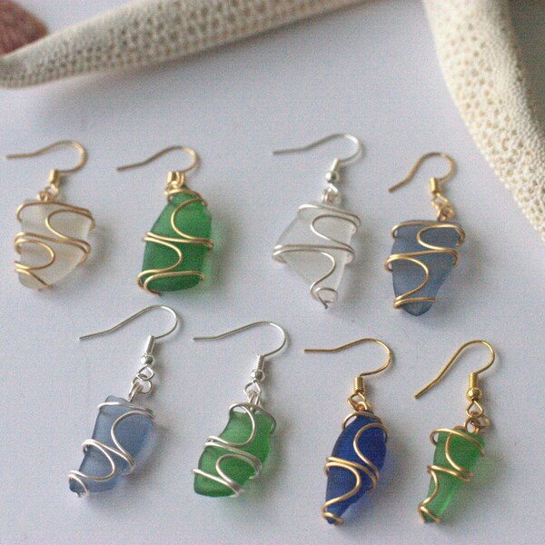 Statement Wire Wrapped Sea Glass Earrings - 18k or sterling silver plated