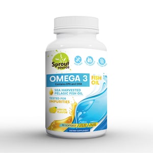 Sprout Source Omega 3 Fish Oil 1200mg 90 Servings High Potency EPA & DHA Fatty Acids Lemon Flavor Burpless Softgels Non-GMO 90 softgels