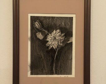 Elegant Vintage Flower Drawing, Classic Charcoal Art, Framed Wall Art, Medium Size, Original Art, Black and White Wall Decor