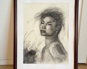 Melancholy Beauty: Vintage Female Portrait in Charcoal, Large Black and White Art, Original Unframed Drawing