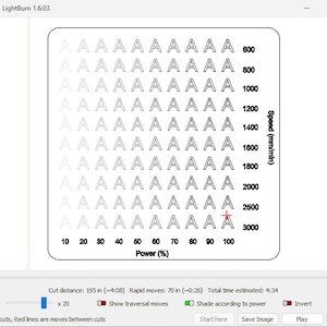May include: A black and white image of a grid with a red crosshair in the center. The grid shows different power levels and speeds for a laser cutter. The text "Power (%)" is at the bottom of the grid and the text "Speed (mm/min)" is on the right side of the grid. The numbers on the grid range from 10 to 100 for power and 600 to 3000 for speed.