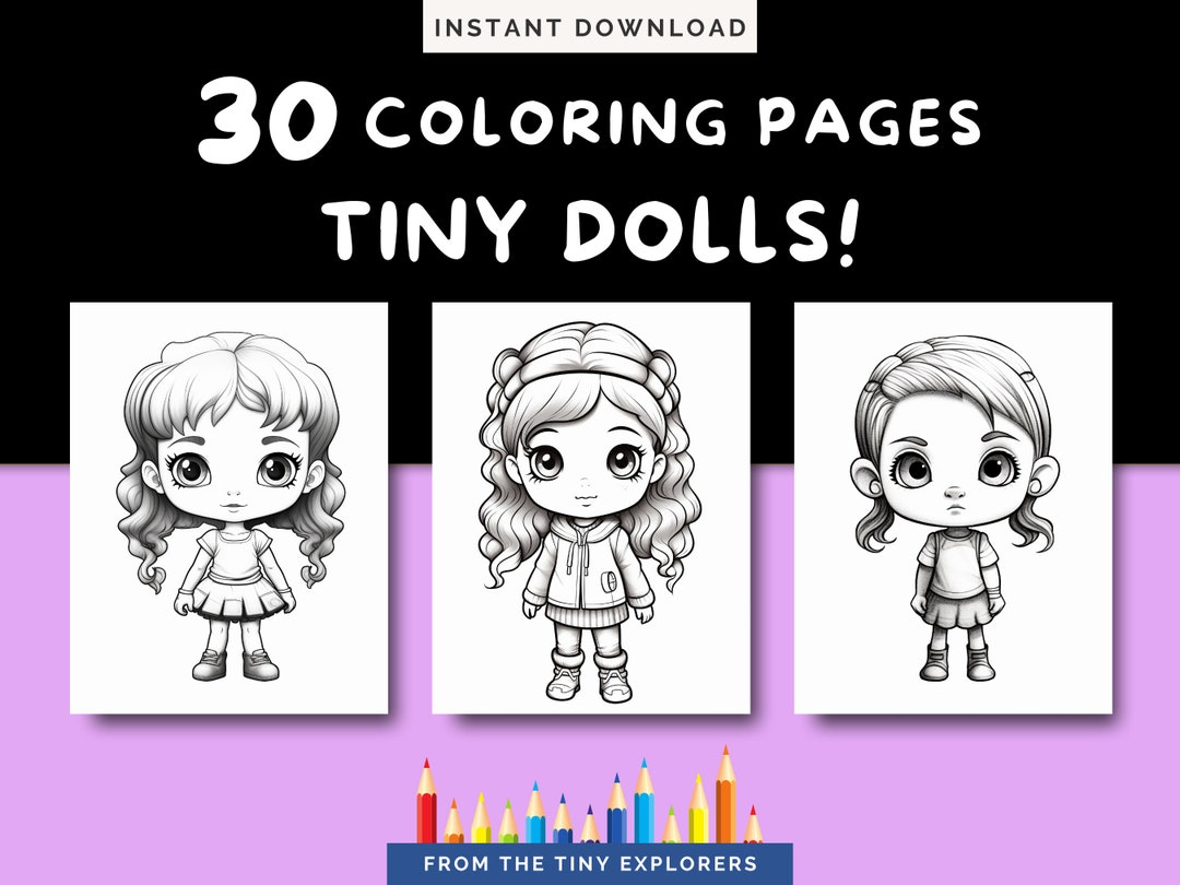 Tiny Cute Dolls Coloring Pages Kids Family Grayscale Etsy