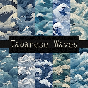 May include: A digital collage of eight different patterns of blue and white Japanese waves. The patterns are all different, but they all feature the same basic design of waves crashing against each other.