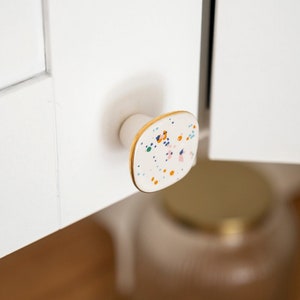 White pastel polka dot Ceramic Knob, Colorfull Unique hand painted cabinet Pulls, Beautiful, modern drawer Knobs, Decorative Dresser Knobs,
