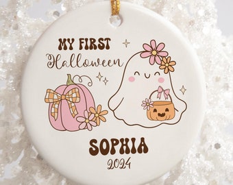 My First Halloween Ghost Ornament, Baby's First Halloween Ornament, Groovy Ghost Ornament, Pink Pumpkin Ornament, Pumpkin Halloween Ornament