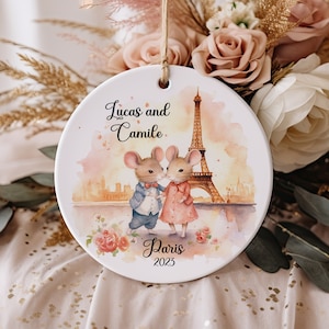 Cute Paris Mice Ornament, Personalized Honeymooner&#39;s Ornament, Trip to Paris Keepsake Ornament, Paris Romance Ornament, Paris Gift