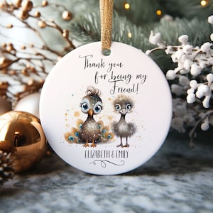 Birds Friendship Ornament, Best Friends Ornament, Thank You Gift, Baby Peacock and Baby Ostrich Ornament, Personalized Ornament, Custom Gift