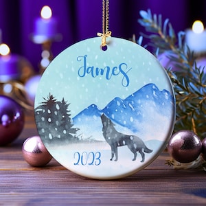 Personalized Wolf Ornament, Blue Christmas Ornament, Winter Holiday Ornament, Wolf Christmas Decoration, Personalized Name Ornament