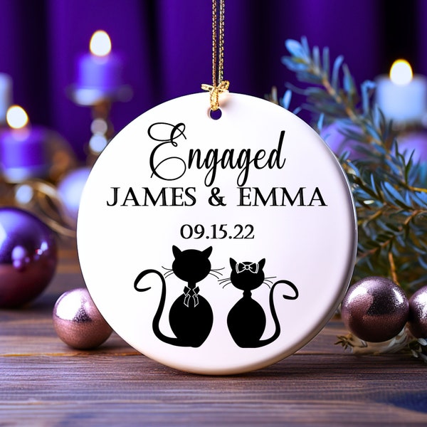 Cat Couple Personalized Engagement Ornament, Gift for Engaged Couple, Newly Engaged Custom Ornament, Just Engaged Ornament, Black Cat Lovers