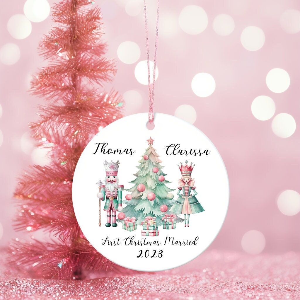 First Christmas Married Ornament, Nutcracker Couple Ornament, Mint Christmas Ornament, Pink Christmas Ornament, Gift for Newlyweds