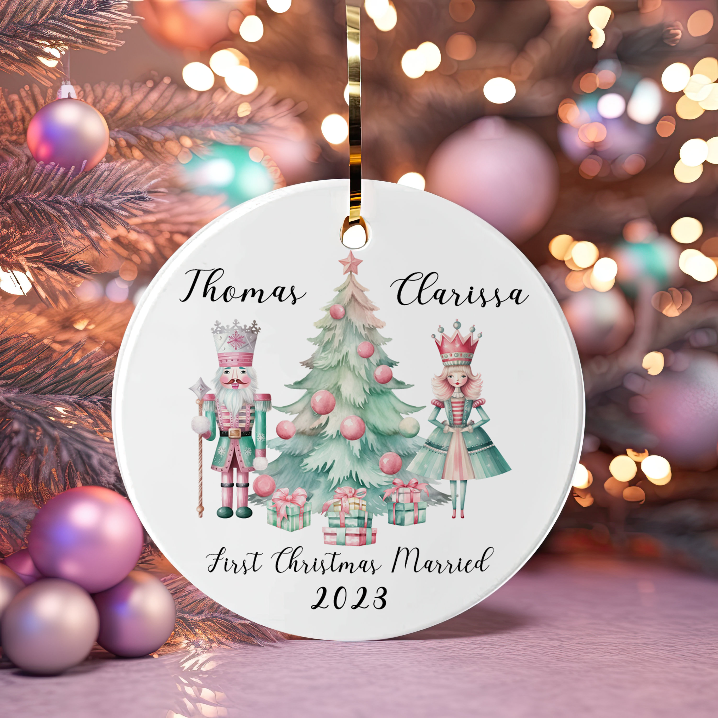 First Christmas Married Ornament, Nutcracker Couple Ornament, Mint Christmas Ornament, Pink Christmas Ornament, Gift for Newlyweds