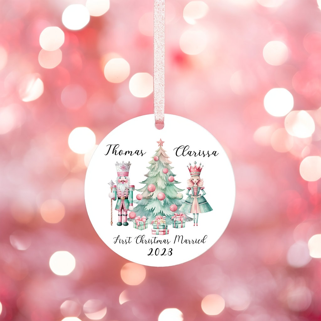 First Christmas Married Ornament, Nutcracker Couple Ornament, Mint Christmas Ornament, Pink Christmas Ornament, Gift for Newlyweds