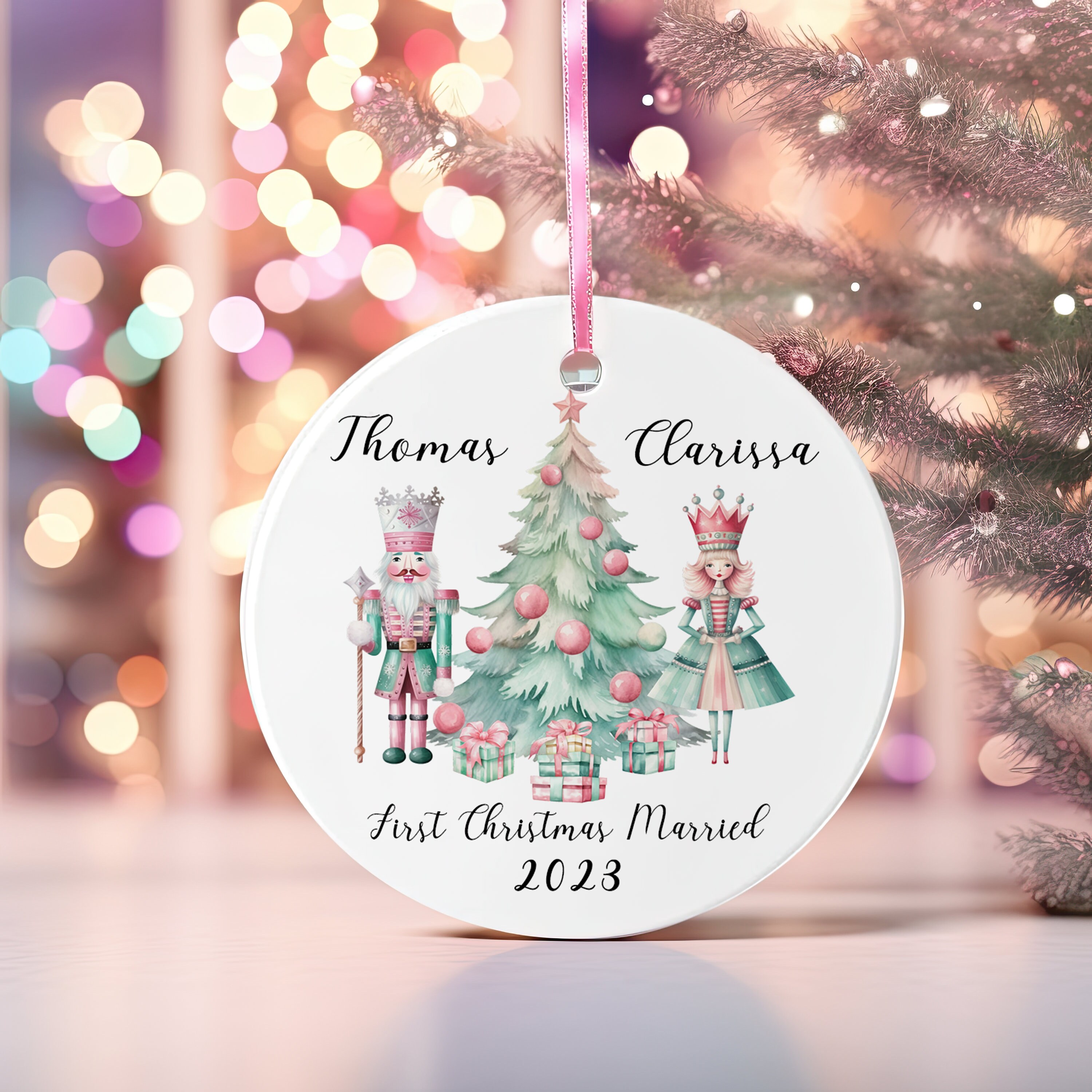 First Christmas Married Ornament, Nutcracker Couple Ornament, Mint Christmas Ornament, Pink Christmas Ornament, Gift for Newlyweds
