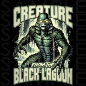 May include: A black and green graphic t-shirt featuring a creature from the black lagoon. The creature is green and has gills and webbed hands. The text "Creature from the Black Lagoon" is written in white letters on the shirt.