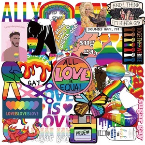 Könnte beinhalten: Eine Sammlung bunter Aufkleber mit verschiedenen LGBTQ+-Motiven, darunter Regenbögen, Herzen und Text wie "Alle Liebe ist gleich" und "Sugar Gay".
