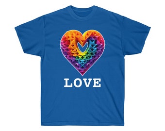 May include: A royal blue t-shirt with a rainbow heart made of origami paper and the word "LOVE" in white text.