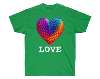May include: A green t-shirt with a colorful heart design and the word "LOVE" printed in white.