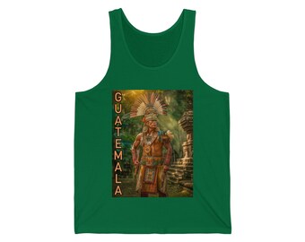 May include: A green tank top with a colorful image of a man in traditional Guatemalan clothing. The text "GUATEMALA" is printed vertically on the left side of the image.