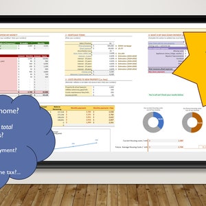Puede incluir: Una pantalla de ordenador que muestra una hoja de cálculo con una superposición gráfica en forma de estrella amarilla. La hoja de cálculo contiene datos financieros relacionados con la compra de una casa, incluidos los gastos mensuales, el pago inicial y los costos de cierre. El texto en la estrella dice "¿Buscas una nueva casa? Esta herramienta fácil te dará respuestas e información!"