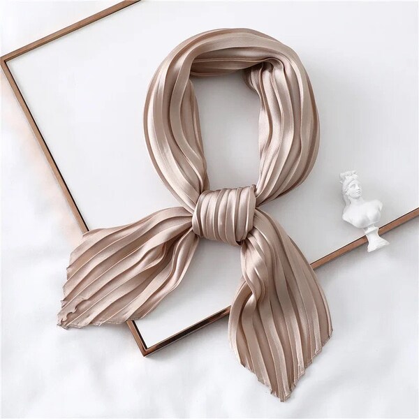 Fashion Women Silk Pleated Scarf Luxury Solid Neck Scarfs Foulard Femme Crinkle Hair Band Scarves Girl Neckerchief 2022 New