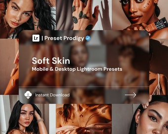Puede incluir: Un collage de imágenes que muestran los ajustes preestablecidos de Lightroom "Soft Skin" para dispositivos móviles y de escritorio. Las imágenes presentan a varias personas con diferentes tonos de piel, destacando la capacidad de los ajustes preestablecidos para mejorar la textura de la piel y crear un aspecto suave y natural.