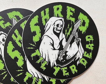 Guitar Playing Grim Reaper Skeleton Vinyl Sticker Gift for Musicians Decals for Laptops and Waterbottles  “Shred Til Yer Dead”
