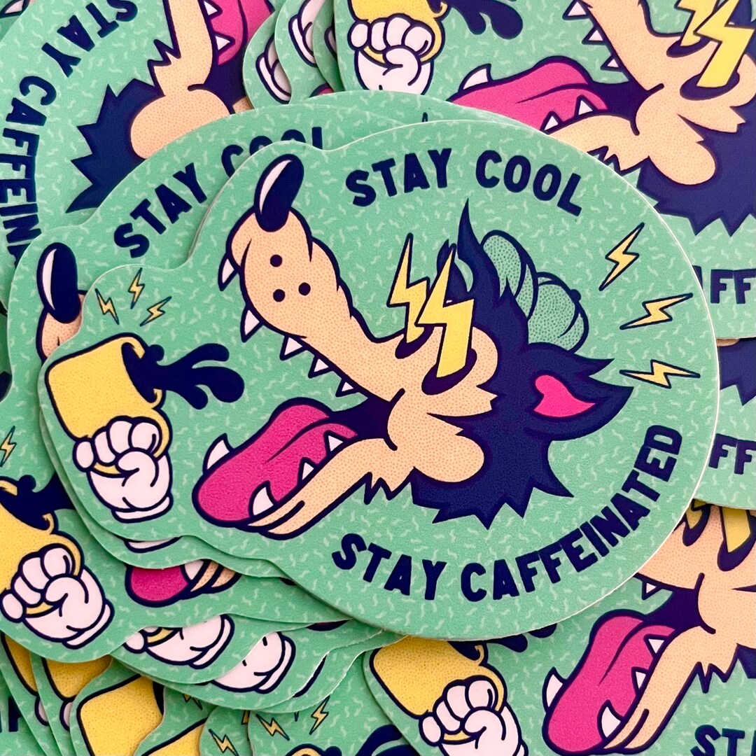 Stay Caffeinated Cartoon Wolf Sticker for Coffee Lovers Specialty ...