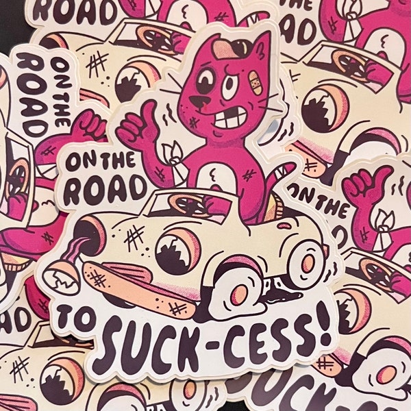 Road to Suck-cess Funny Cat Driving Car Sticker Sarcastic Self Deprecating Vinyl Decal for Laptops and Waterbottles