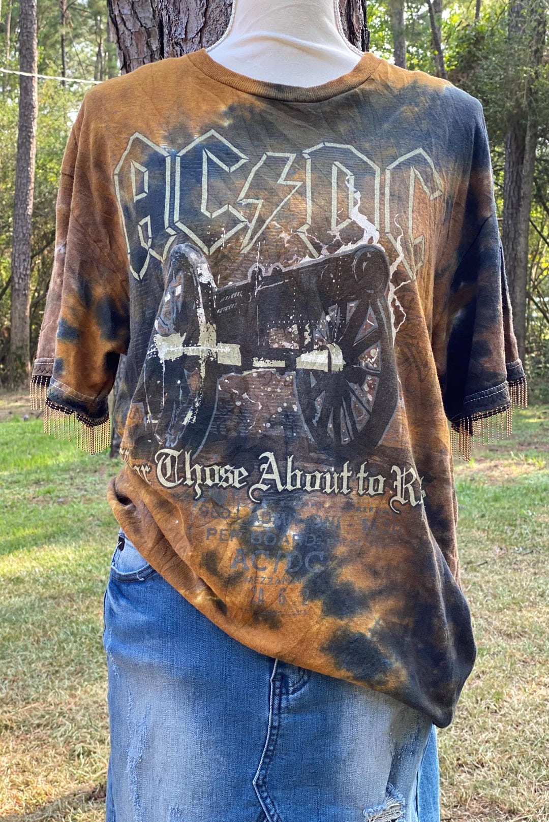 Upcycled AC/DC Inspired Beaded Fringe Tee Xlarge - Etsy