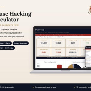 May include: A digital House Hacking Calculator displayed on a laptop and smartphone screen. The interface features financial dashboards with data fields for cash to close, net housing costs, and equity projections for real estate investment analysis.