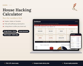 May include: A digital House Hacking Calculator displayed on a laptop and smartphone screen. The interface features financial dashboards with data fields for cash to close, net housing costs, and equity projections for real estate investment analysis.
