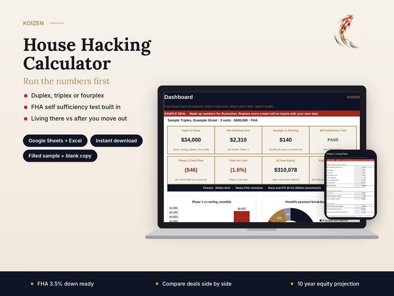 May include: A digital House Hacking Calculator displayed on a laptop and smartphone screen. The interface features financial dashboards with data fields for cash to close, net housing costs, and equity projections for real estate investment analysis.