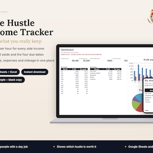 May include: A digital Side Hustle Income Tracker template for Google Sheets and Excel displayed on a laptop and smartphone screen. The interface shows financial dashboards, profit tables, and charts for tracking income, expenses, and tax.