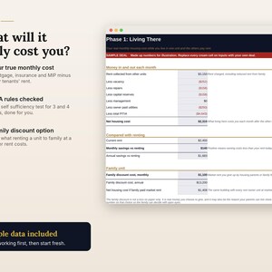 May include: A digital spreadsheet titled Phase 1: Living There, featuring financial calculations for real estate investment. The interface includes sections for monthly costs, rental comparisons, and family discount options with sample data included.