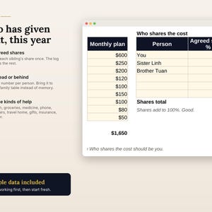 May include: A digital interface titled Koizen displaying a financial tracking table. The layout includes a list of monthly plans, a breakdown of cost shares among family members, and a section detailing nine kinds of help for expenses.