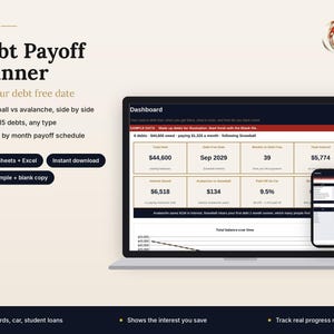 May include: A digital debt payoff planner displayed on a laptop and smartphone screen. The interface features a dashboard with financial metrics, including total debt of $44,600, interest saved, and a month-by-month payoff schedule.