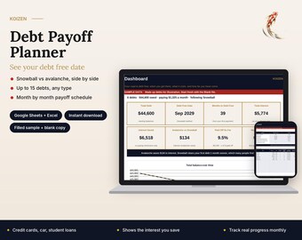 May include: A digital debt payoff planner displayed on a laptop and smartphone screen. The interface features a dashboard with financial metrics, including total debt of $44,600, interest saved, and a month-by-month payoff schedule.