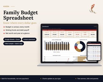 May include: A digital family budget spreadsheet displayed on a laptop and smartphone screen. The interface features a dashboard with financial data, including bar charts, a pie chart, and tables for tracking monthly income, spending, and debt.
