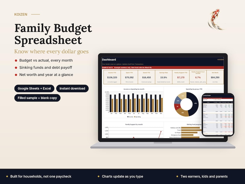 May include: A digital family budget spreadsheet displayed on a laptop and smartphone screen. The interface features a dashboard with financial data, including bar charts, a pie chart, and tables for tracking monthly income, spending, and debt.