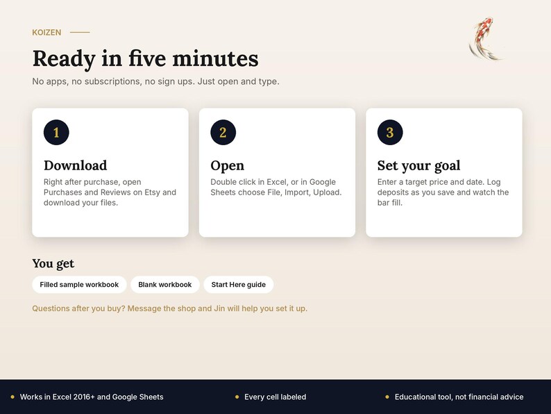 May include: A digital instructional graphic for Koizen featuring three steps: 1. Download, 2. Open, and 3. Set your goal. It includes a list of included files: Filled sample workbook, Blank workbook, and Start Here guide, plus a koi fish icon.