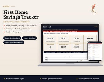 May include: A digital First Home Savings Tracker dashboard displayed on a laptop and smartphone screen. The interface shows financial data including savings goals, monthly progress, and a line graph. Text includes Koizen branding.