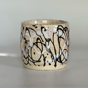 12 oz Handmade Ceramic Tumbler with Abstract Black and White Glaze