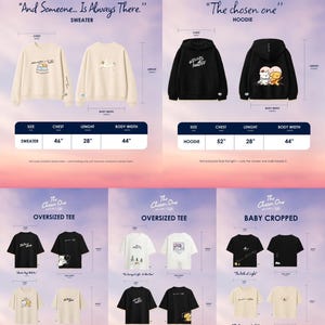 Op de afbeelding: Promotieafbeelding met diverse kledingstukken, waaronder truien, hoodies, oversized T-shirts en baby cropped shirts in zwart, wit en beige. Elk item heeft unieke graphics en tekst. Afmetingen in centimeters.